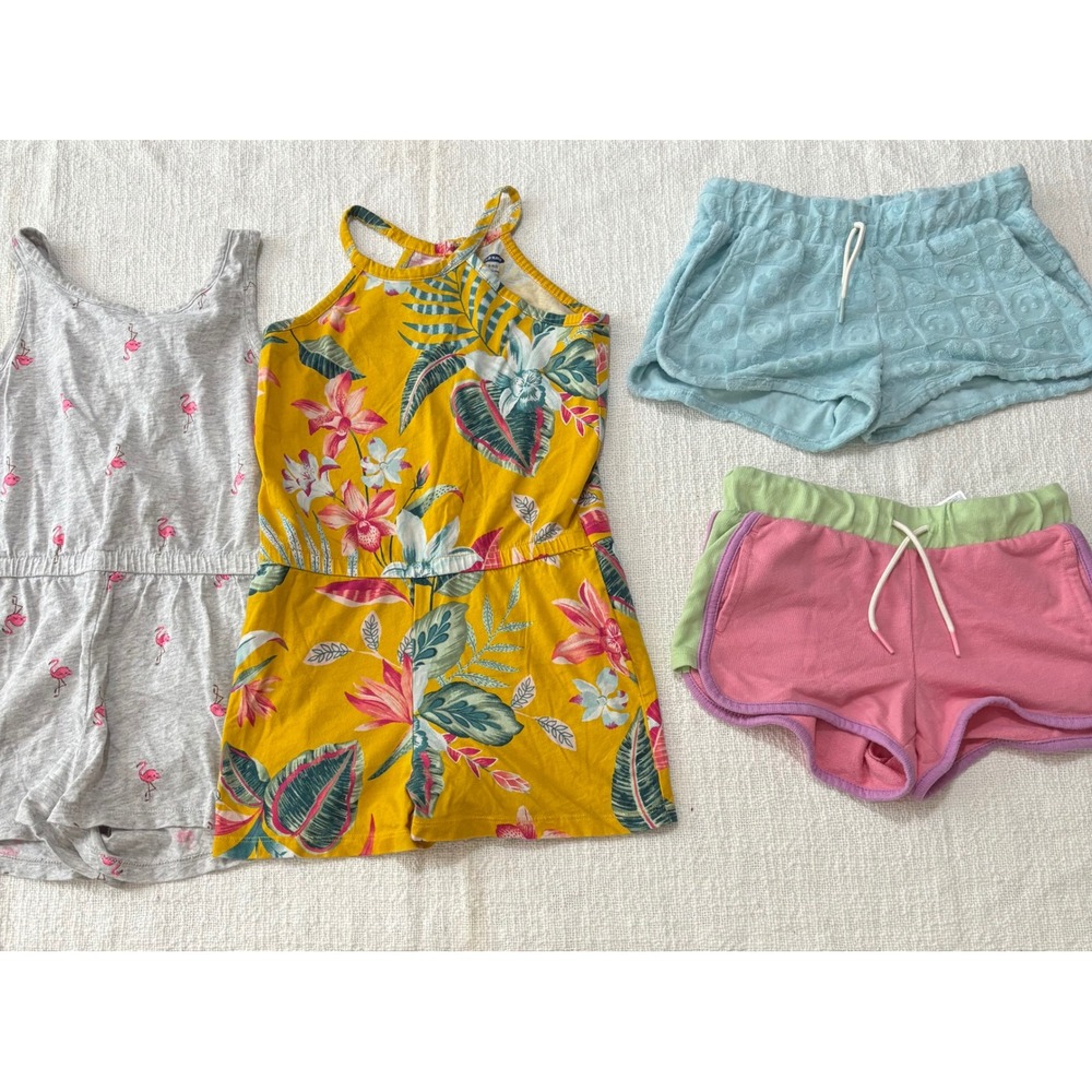 Old Navy Girls Size 6-7 Summer Bundle Rompers Shorts Floral Flamingo 4pc Set